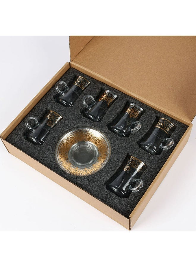 طقم فناجين شاي تركي مكون من 6 قطع مع صحون - أكواب قهوة زجاجية أنيقة بحواف ذهبية - أدوات شاي شرق أوسطية عتيقة للحفلات والمنزل والهدايا - Image 1